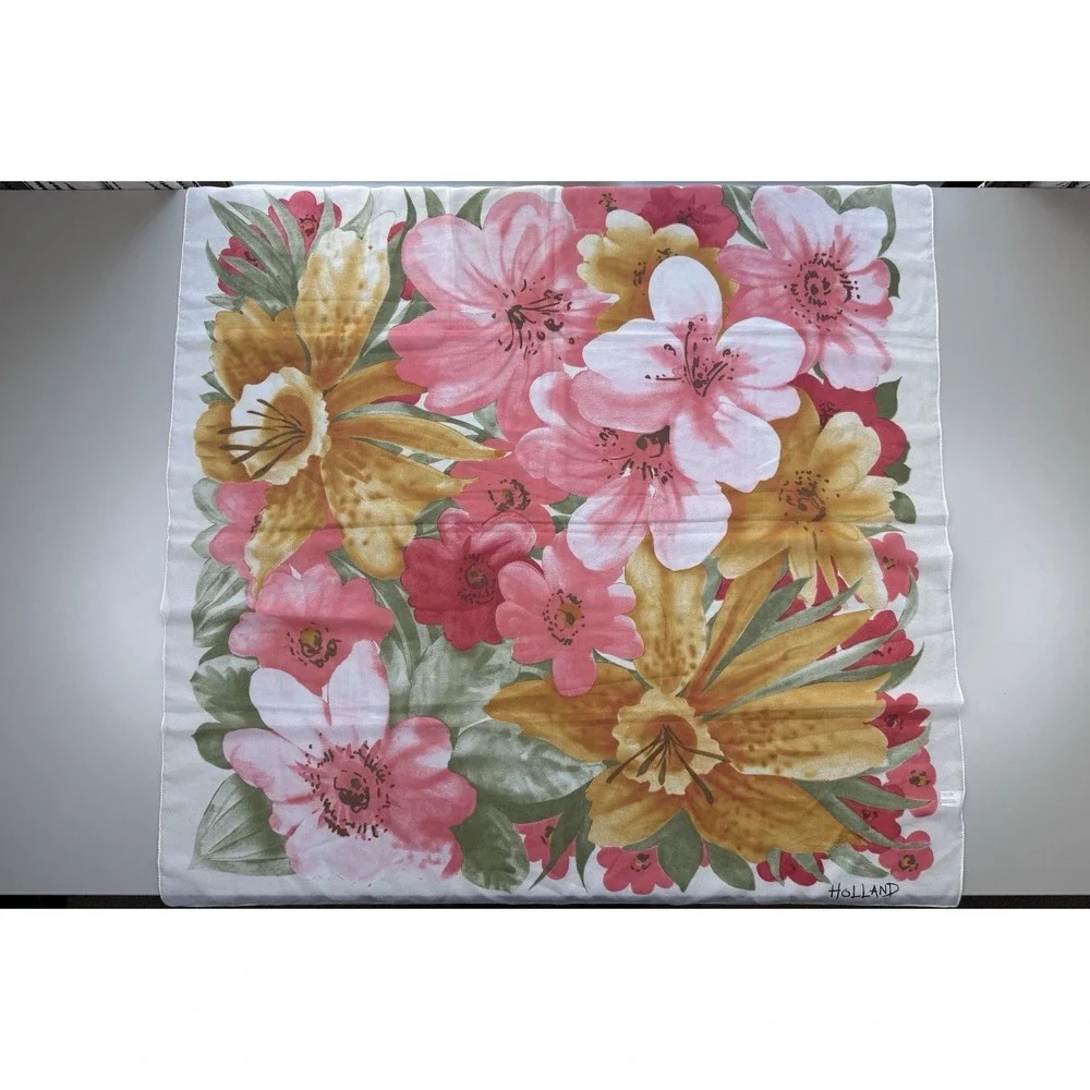 Vintage Holland Floral‎ Scarf Sheer Polyester Pink Yellow Green Square 80s Retro